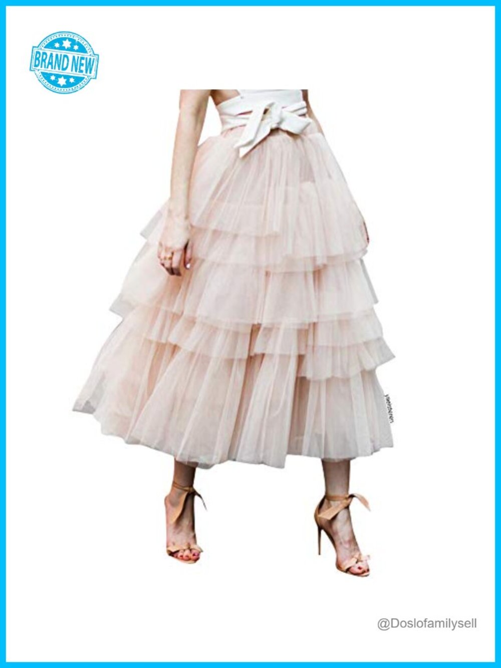 Tiered Layered Mesh Tulle A-Line Midi Skirt High Waist Elastic